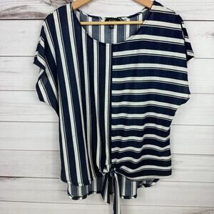 AUW Womens Striped Navy Blue‎ White Tie Knot Top Womens M